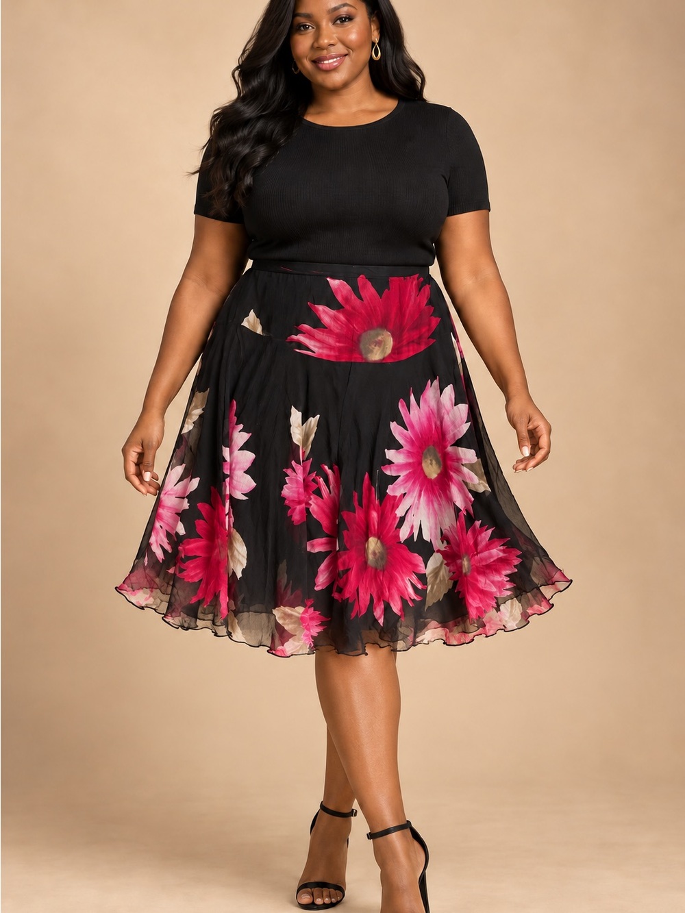 Karen Kane A-line 100% Silk Skirt with Pink Floral Print - Sz 16